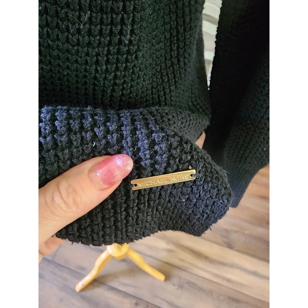 Michael Kors Womens Black Cowl Neck Waffle Knit Sweater Size Medium Cotton Blend